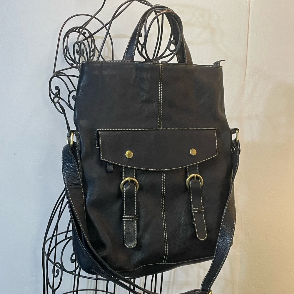 Soft Black Thick Genuine Leather Crossbody/Shoulder/Tote Bag #0097 - Picture 3 of 11